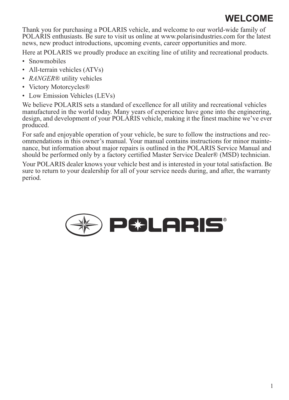 Welcome | Polaris 2013 Ranger 800 Midsize User Manual | Page 3 / 93