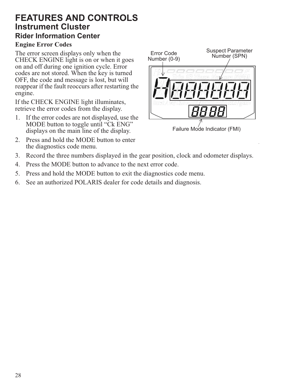 Features and controls, Instrument cluster | Polaris 2013 Ranger 800 Midsize User Manual | Page 30 / 93