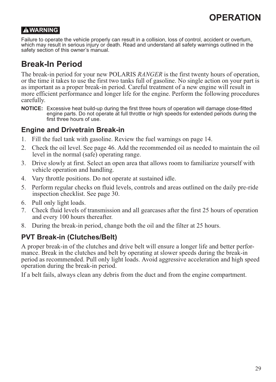 Operation, Break-in period | Polaris 2013 Ranger 800 Midsize User Manual | Page 31 / 93