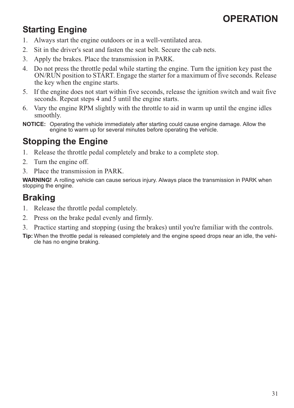 Operation, Starting engine, Stopping the engine | Braking | Polaris 2013 Ranger 800 Midsize User Manual | Page 33 / 93