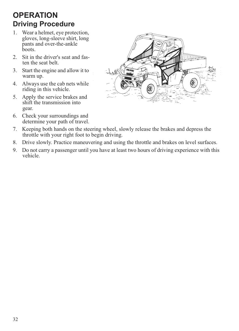 Operation, Driving procedure | Polaris 2013 Ranger 800 Midsize User Manual | Page 34 / 93