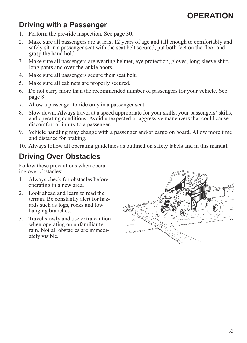 Operation, Driving with a passenger, Driving over obstacles | Polaris 2013 Ranger 800 Midsize User Manual | Page 35 / 93