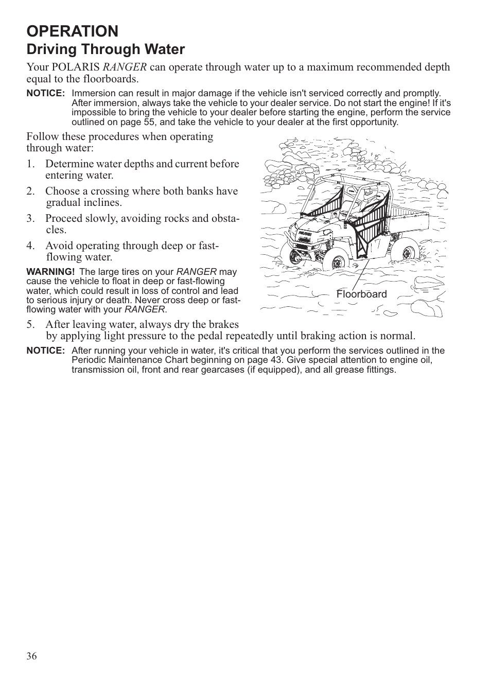 Operation, Driving through water | Polaris 2013 Ranger 800 Midsize User Manual | Page 38 / 93