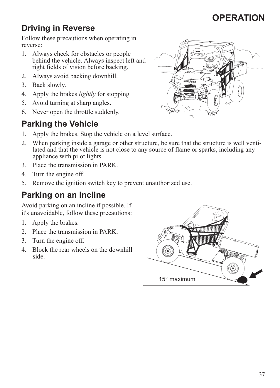 Operation, Driving in reverse, Parking the vehicle | Parking on an incline | Polaris 2013 Ranger 800 Midsize User Manual | Page 39 / 93