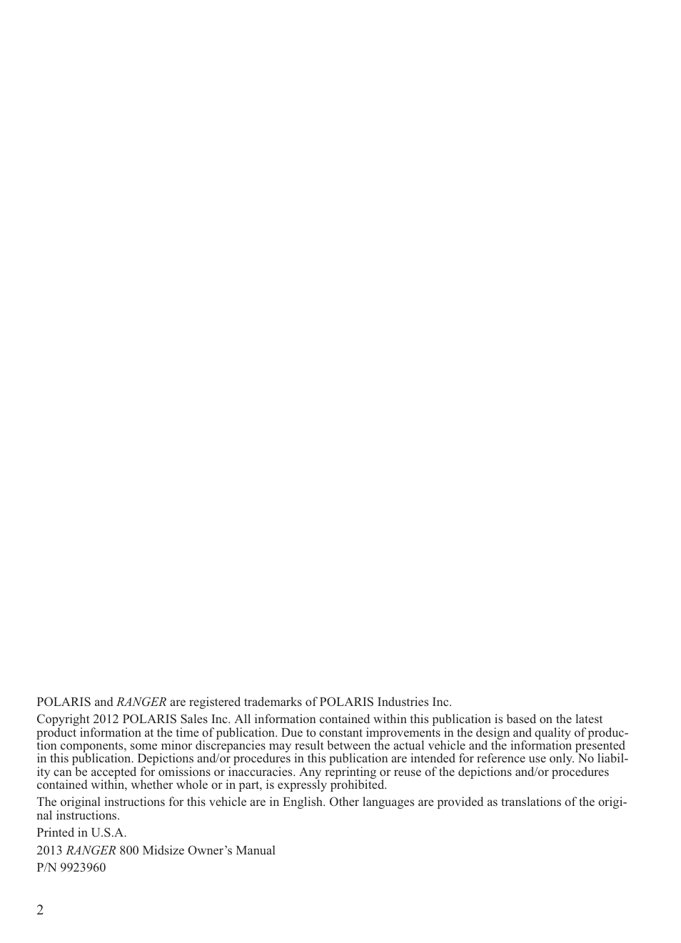 Polaris 2013 Ranger 800 Midsize User Manual | Page 4 / 93