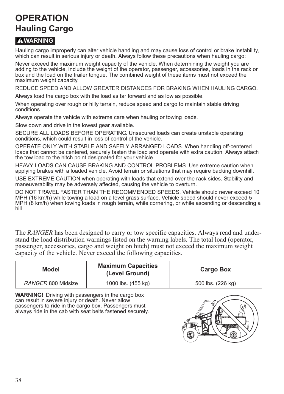 Operation, Hauling cargo | Polaris 2013 Ranger 800 Midsize User Manual | Page 40 / 93