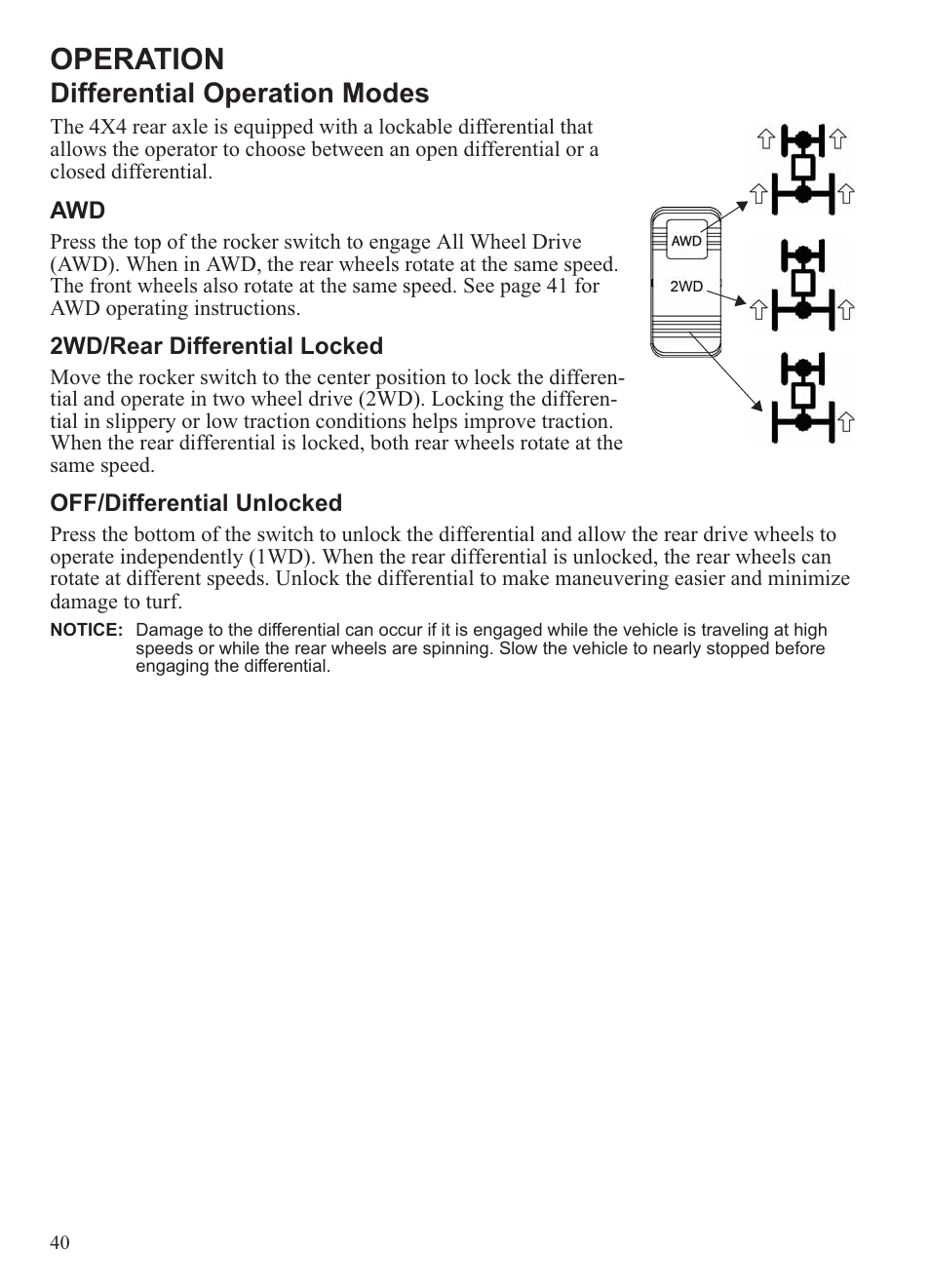 Operation, Differential operation modes | Polaris 2013 Ranger 800 Midsize User Manual | Page 42 / 93