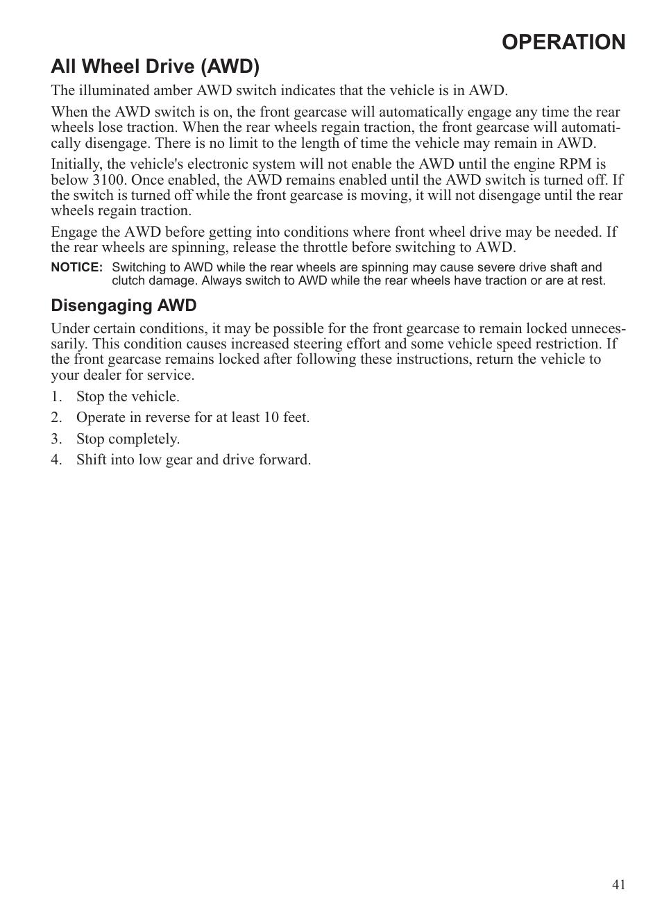 Operation, All wheel drive (awd) | Polaris 2013 Ranger 800 Midsize User Manual | Page 43 / 93
