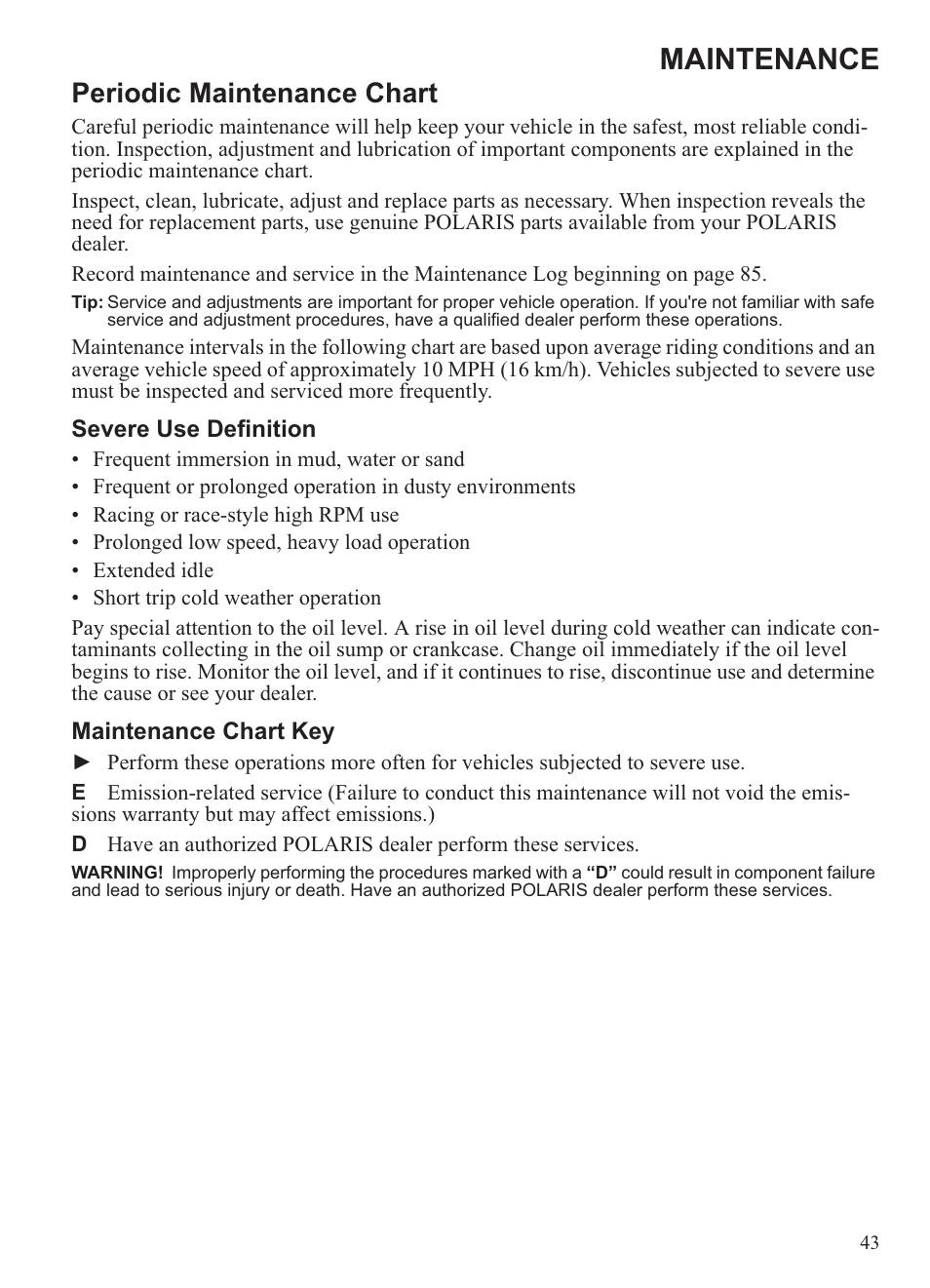 Maintenance, Periodic maintenance chart | Polaris 2013 Ranger 800 Midsize User Manual | Page 45 / 93