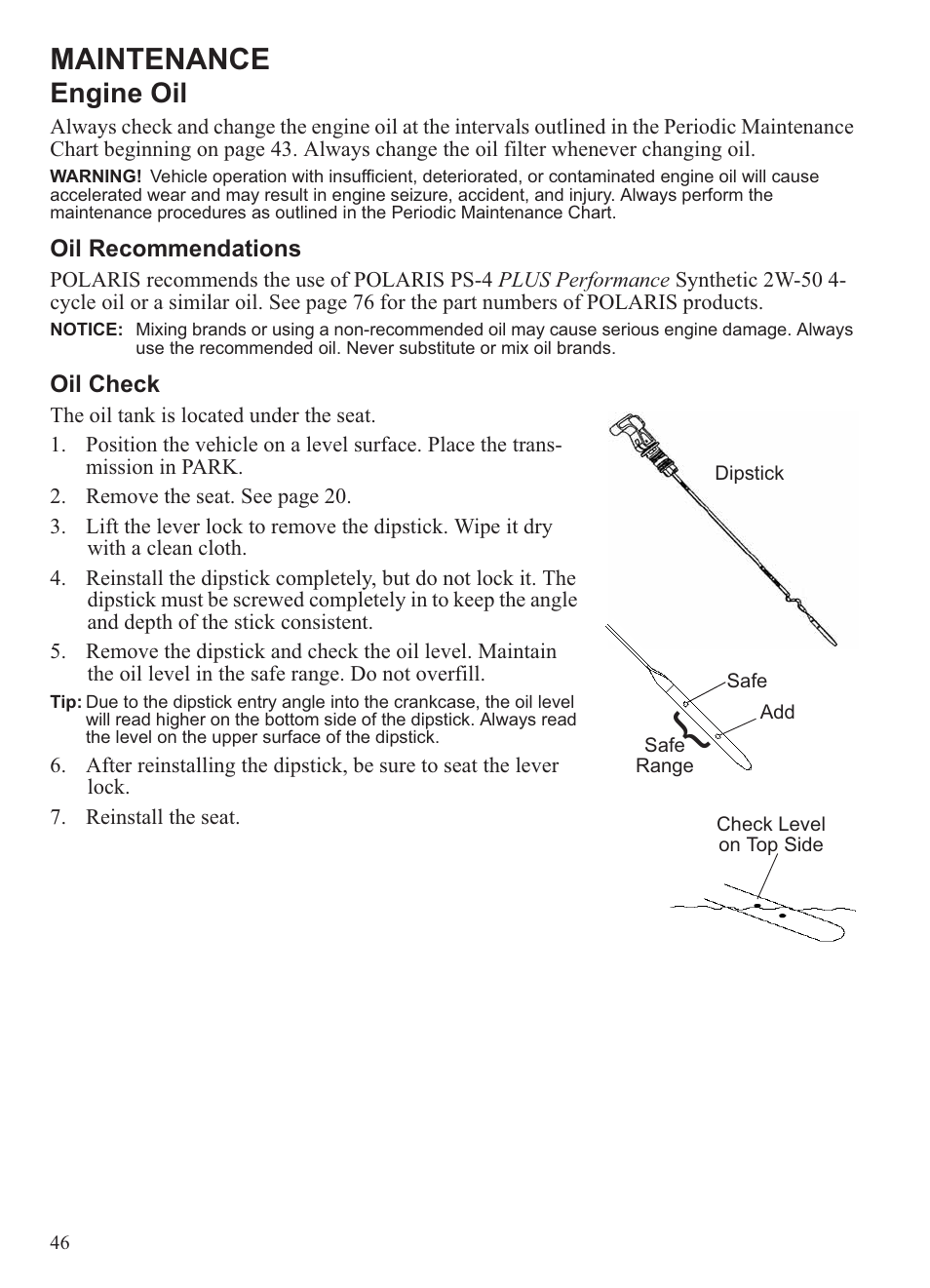 Maintenance, Engine oil | Polaris 2013 Ranger 800 Midsize User Manual | Page 48 / 93