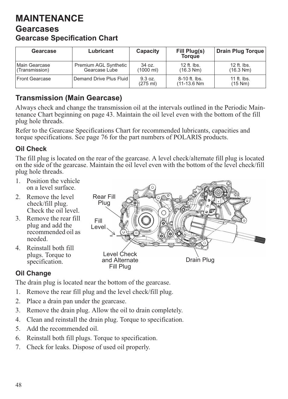 Maintenance, Gearcases | Polaris 2013 Ranger 800 Midsize User Manual | Page 50 / 93