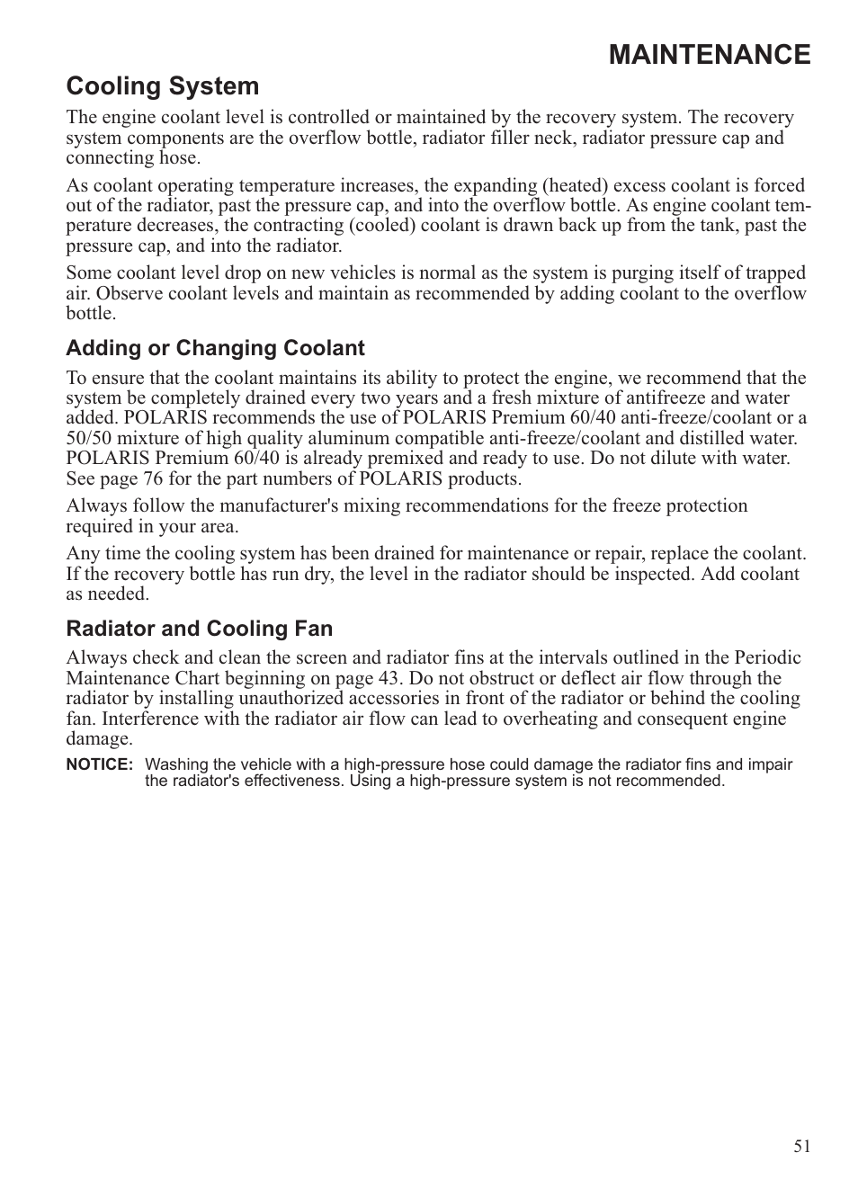 Maintenance, Cooling system | Polaris 2013 Ranger 800 Midsize User Manual | Page 53 / 93