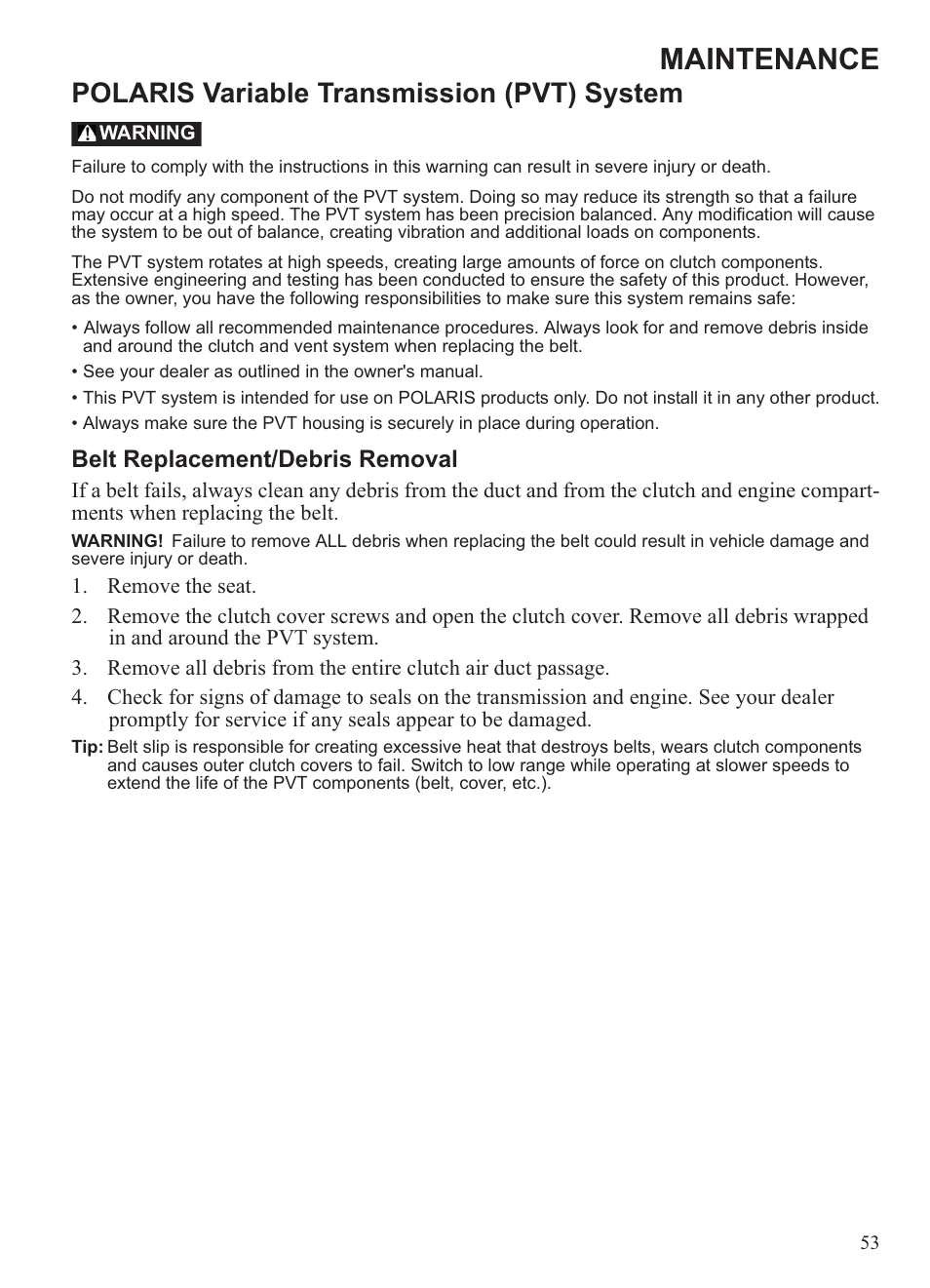 Maintenance, Polaris variable transmission (pvt) system | Polaris 2013 Ranger 800 Midsize User Manual | Page 55 / 93