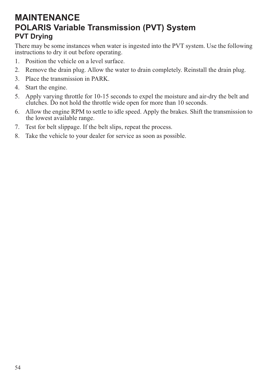 Maintenance, Polaris variable transmission (pvt) system | Polaris 2013 Ranger 800 Midsize User Manual | Page 56 / 93