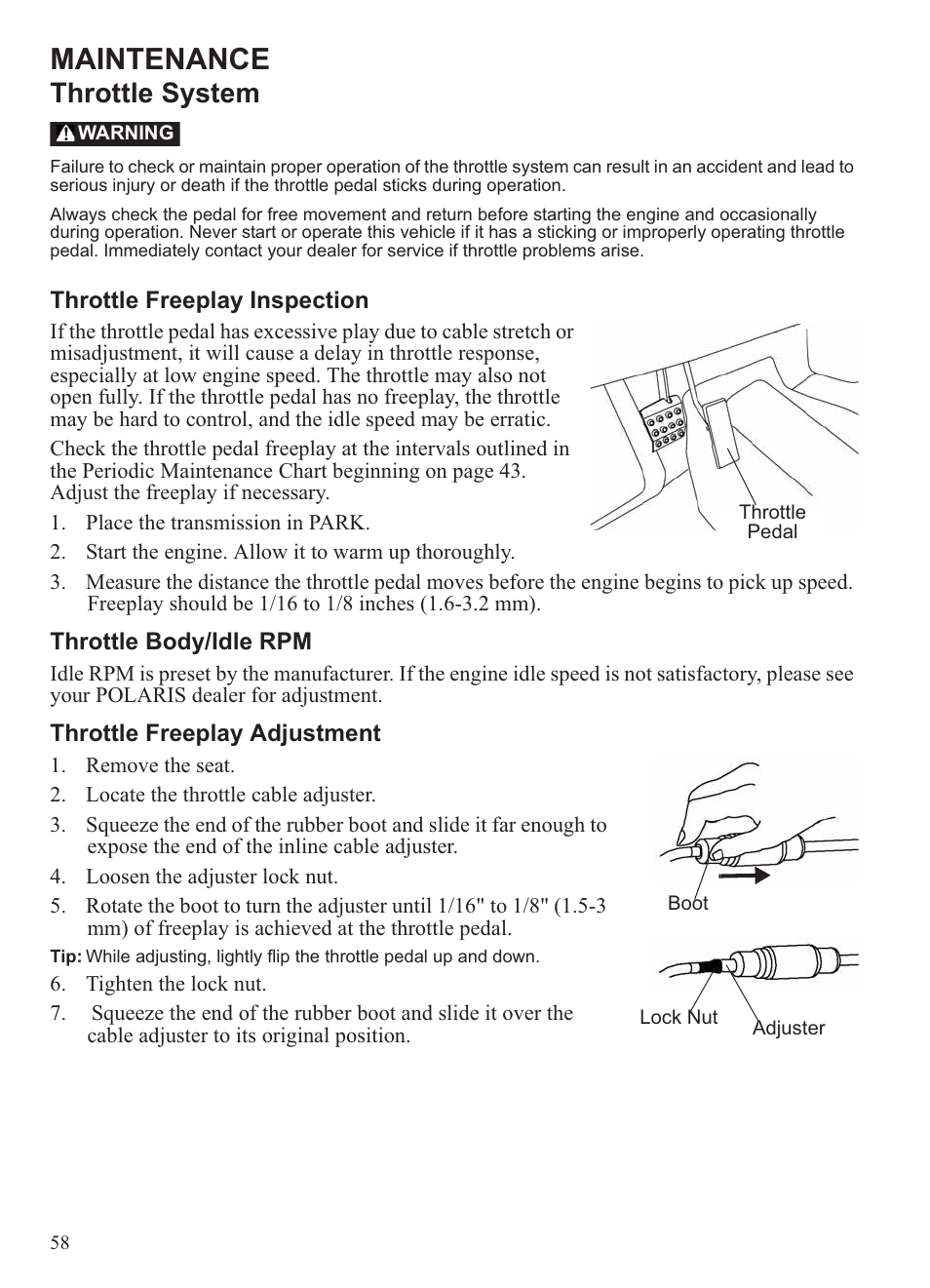 Maintenance, Throttle system | Polaris 2013 Ranger 800 Midsize User Manual | Page 60 / 93