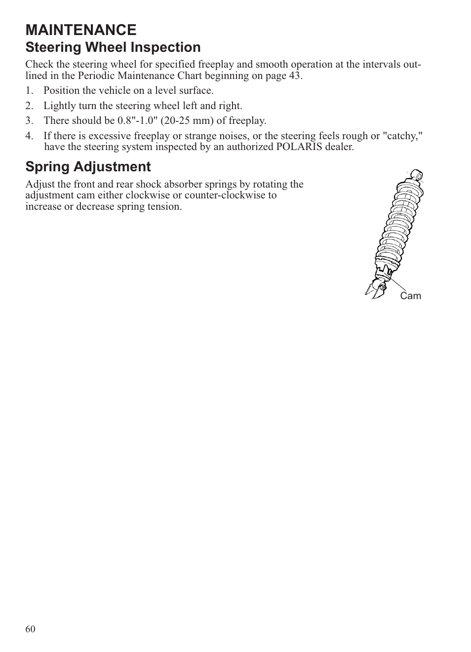 Maintenance, Steering wheel inspection, Spring adjustment | Polaris 2013 Ranger 800 Midsize User Manual | Page 62 / 93