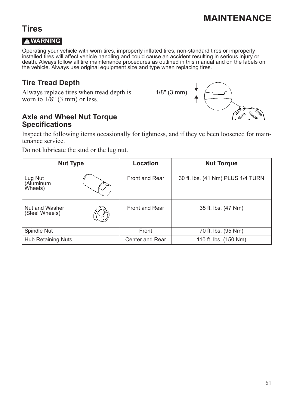 Maintenance, Tires, Tire tread depth | Axle and wheel nut torque specifications | Polaris 2013 Ranger 800 Midsize User Manual | Page 63 / 93