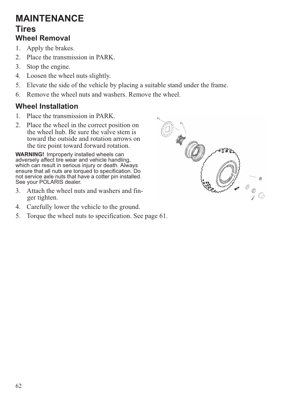 Maintenance, Tires | Polaris 2013 Ranger 800 Midsize User Manual | Page 64 / 93