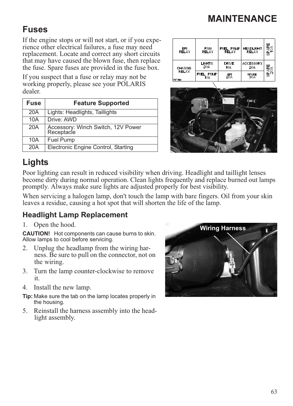 Maintenance, Fuses, Lights | Polaris 2013 Ranger 800 Midsize User Manual | Page 65 / 93