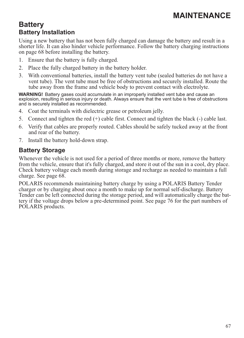 Maintenance, Battery | Polaris 2013 Ranger 800 Midsize User Manual | Page 69 / 93