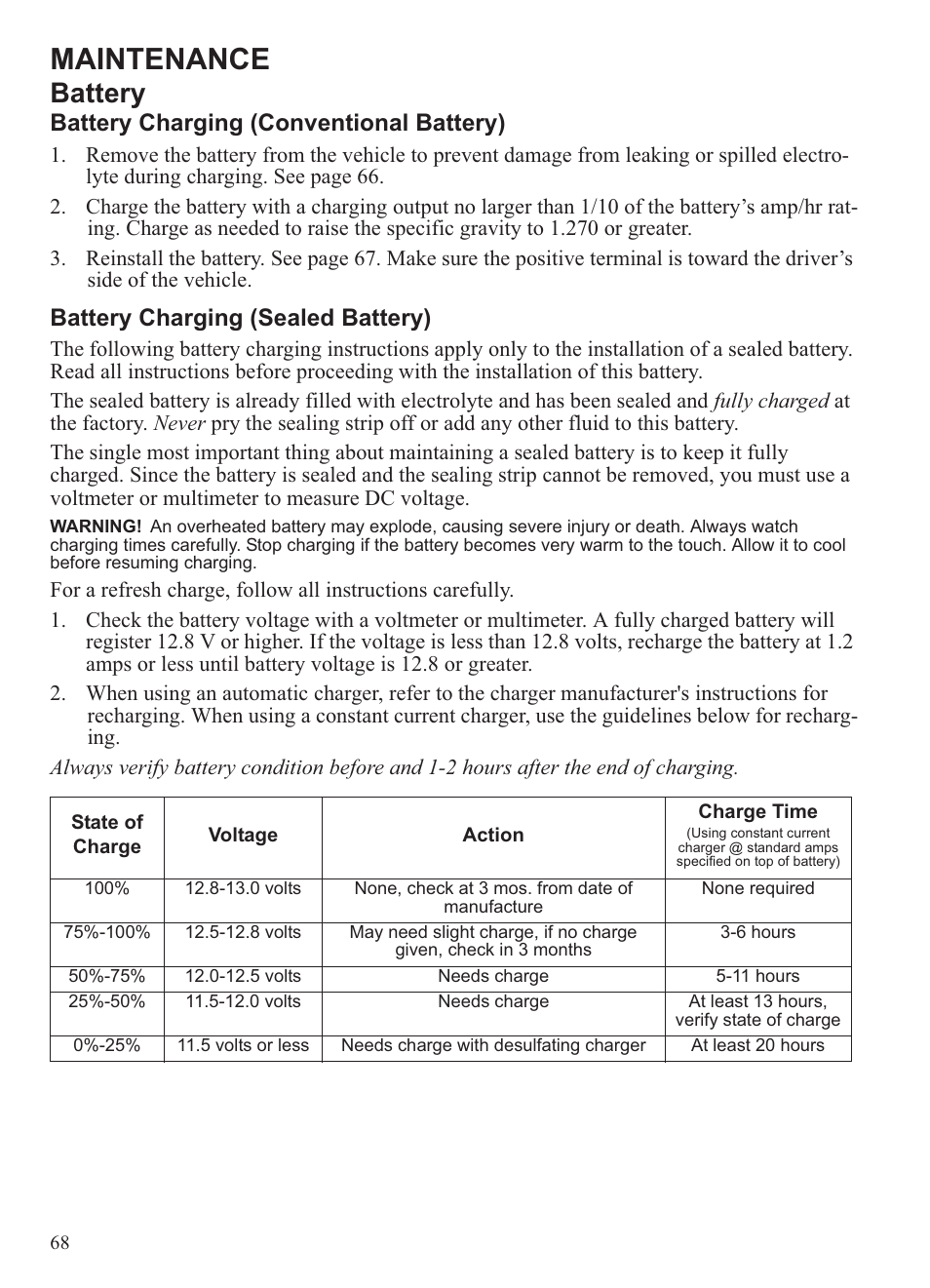 Maintenance, Battery, Battery charging (conventional battery) | Battery charging (sealed battery) | Polaris 2013 Ranger 800 Midsize User Manual | Page 70 / 93