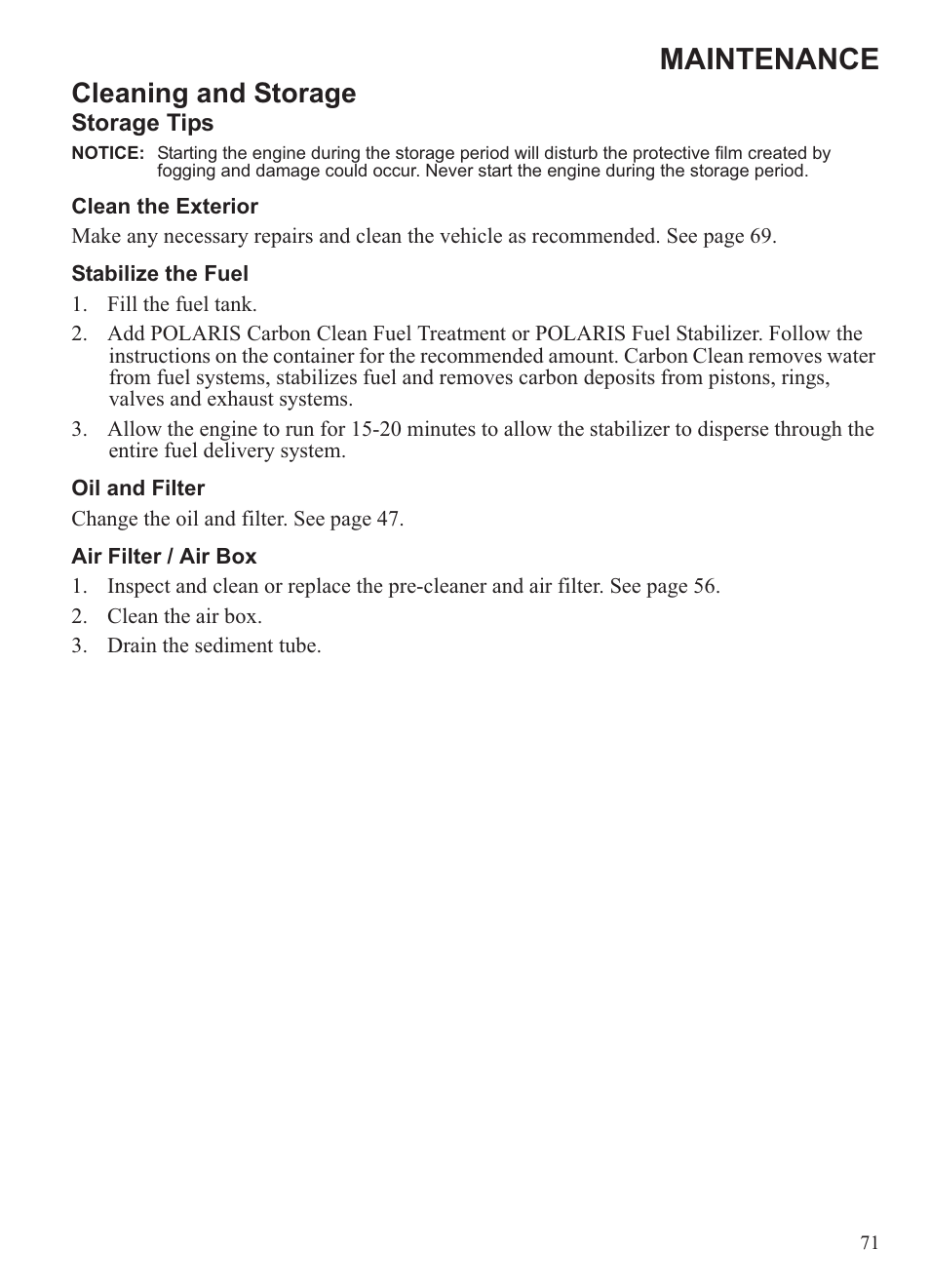 Maintenance, Cleaning and storage | Polaris 2013 Ranger 800 Midsize User Manual | Page 73 / 93