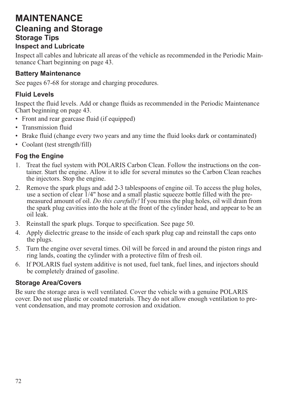 Maintenance, Cleaning and storage | Polaris 2013 Ranger 800 Midsize User Manual | Page 74 / 93