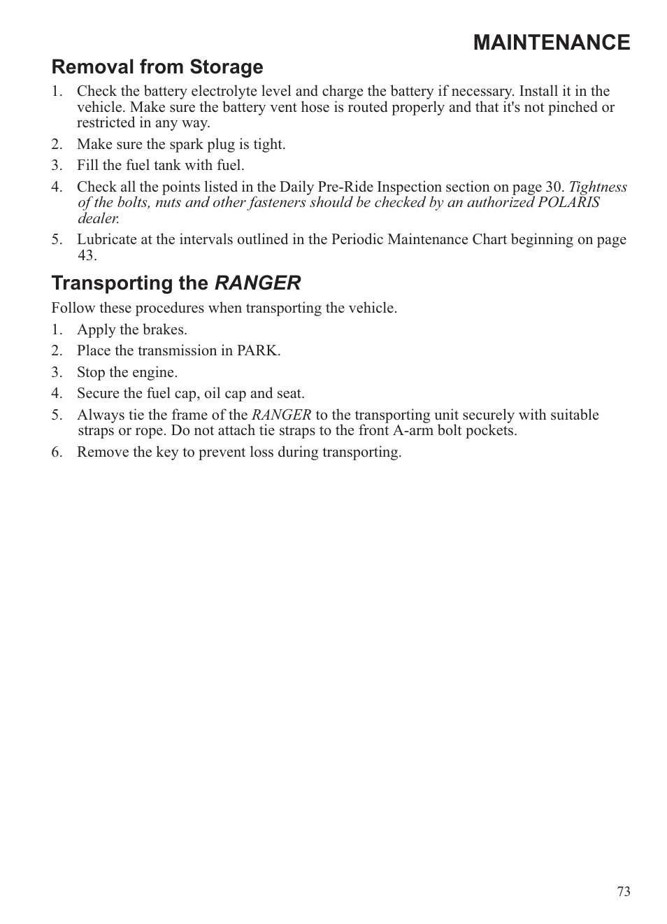 Maintenance, Removal from storage, Transporting the ranger | Polaris 2013 Ranger 800 Midsize User Manual | Page 75 / 93