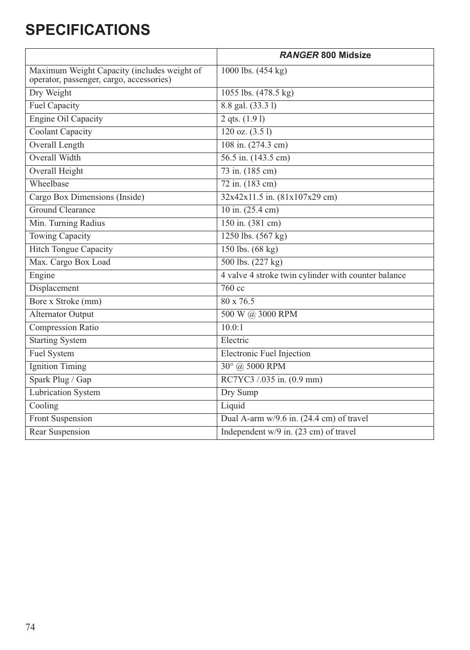 Specifications | Polaris 2013 Ranger 800 Midsize User Manual | Page 76 / 93