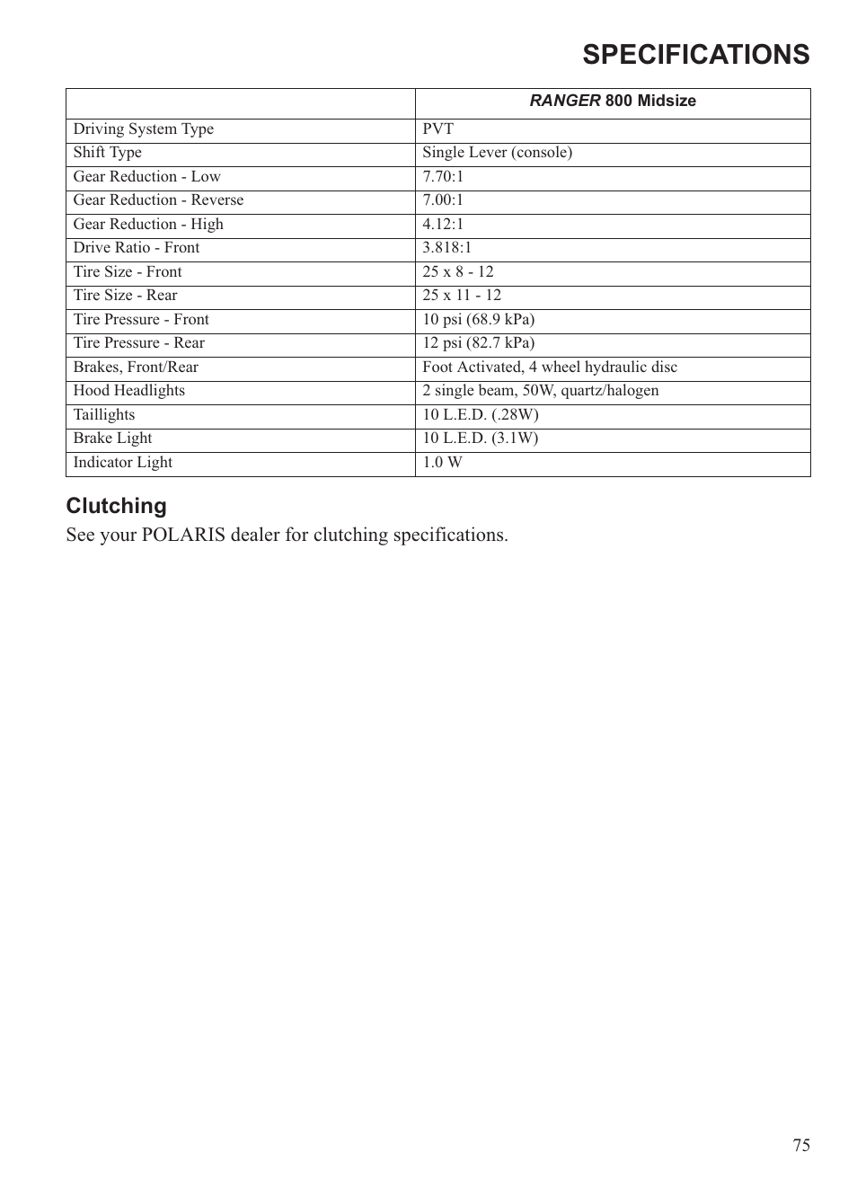 Specifications, Clutching | Polaris 2013 Ranger 800 Midsize User Manual | Page 77 / 93