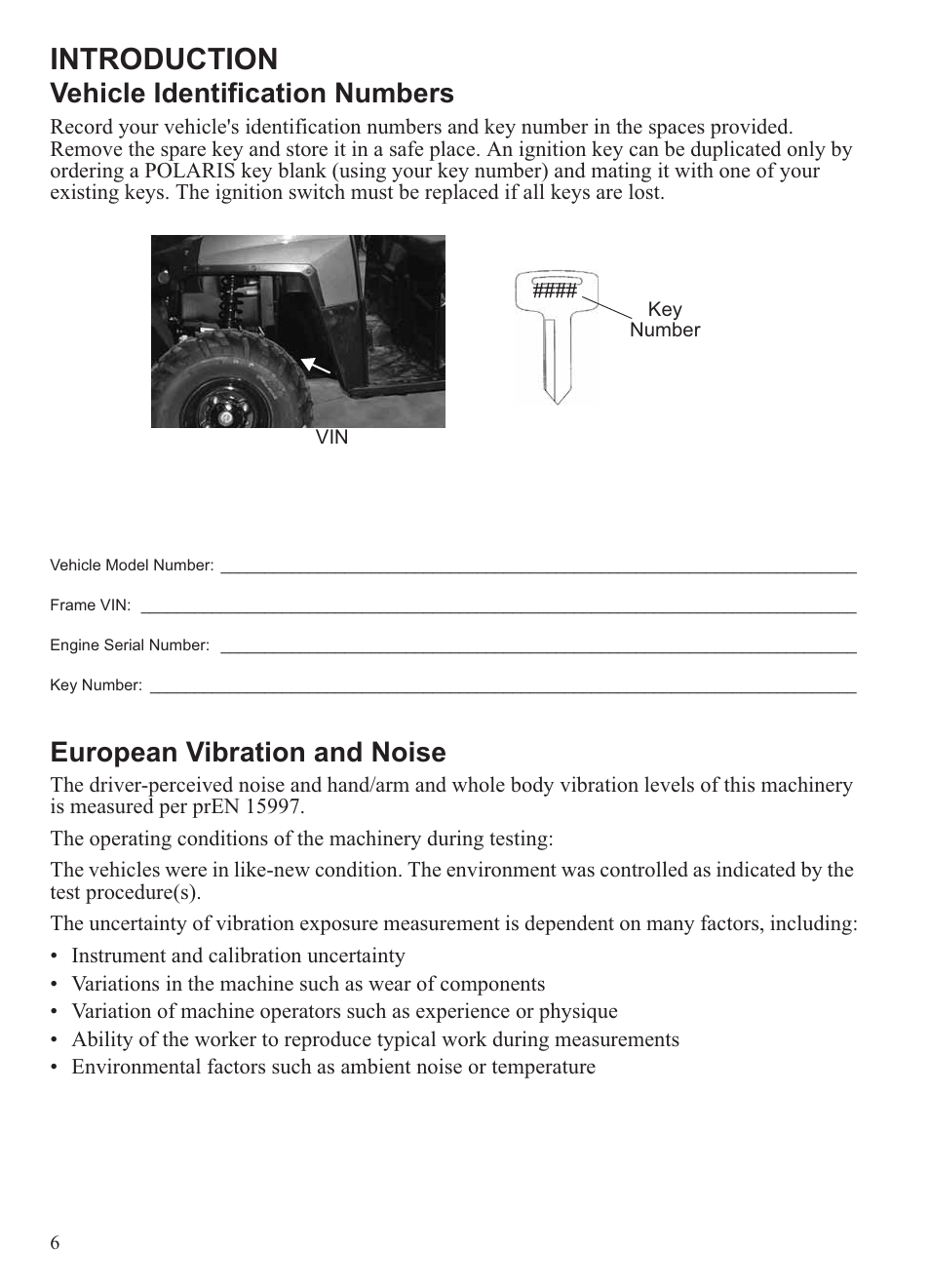 Introduction, Vehicle identification numbers, European vibration and noise | Polaris 2013 Ranger 800 Midsize User Manual | Page 8 / 93