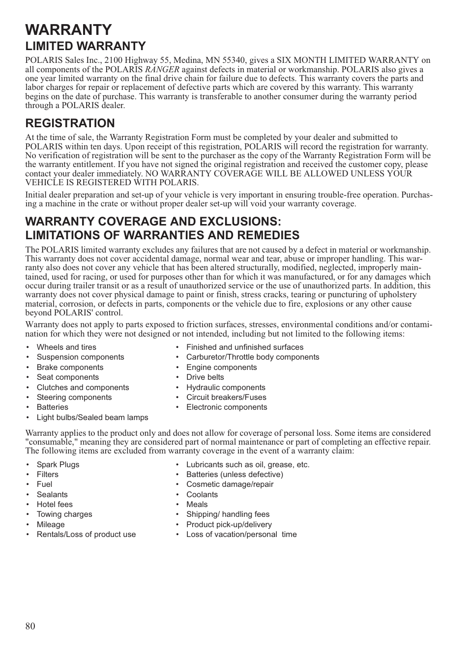 Warranty, Limited warranty, Registration | Polaris 2013 Ranger 800 Midsize User Manual | Page 82 / 93