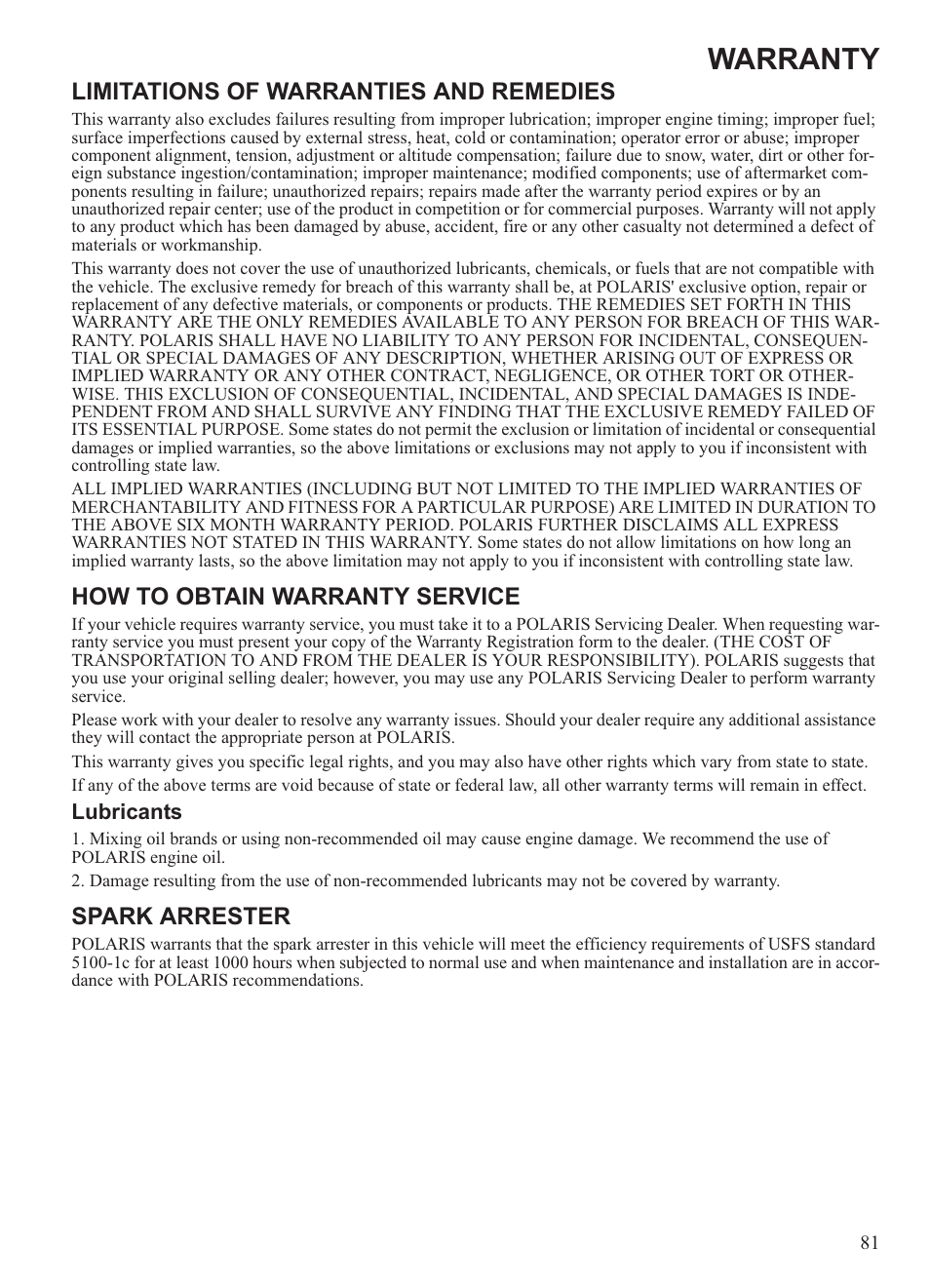 Warranty | Polaris 2013 Ranger 800 Midsize User Manual | Page 83 / 93