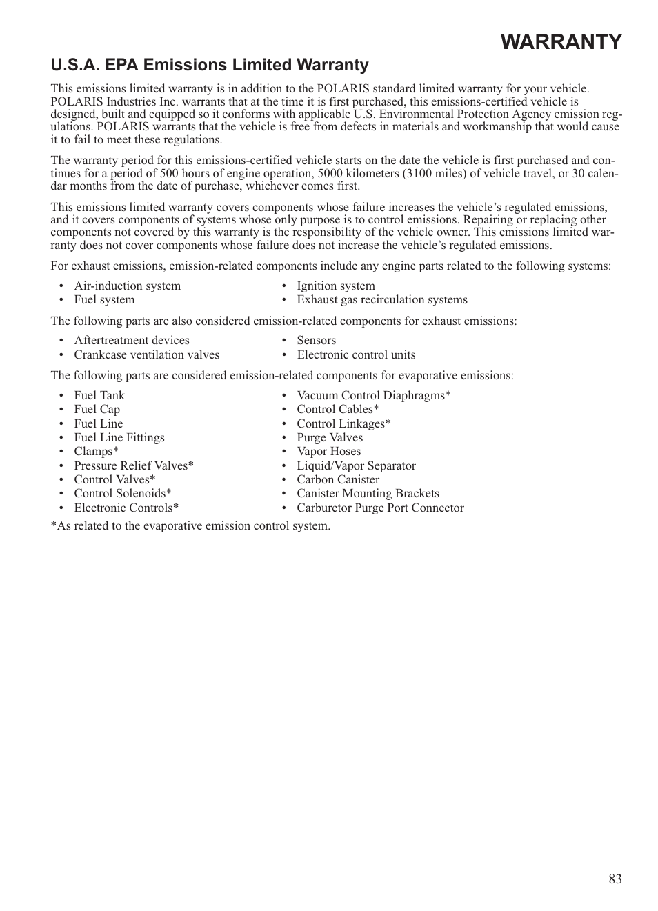 Warranty, U.s.a. epa emissions limited warranty | Polaris 2013 Ranger 800 Midsize User Manual | Page 85 / 93