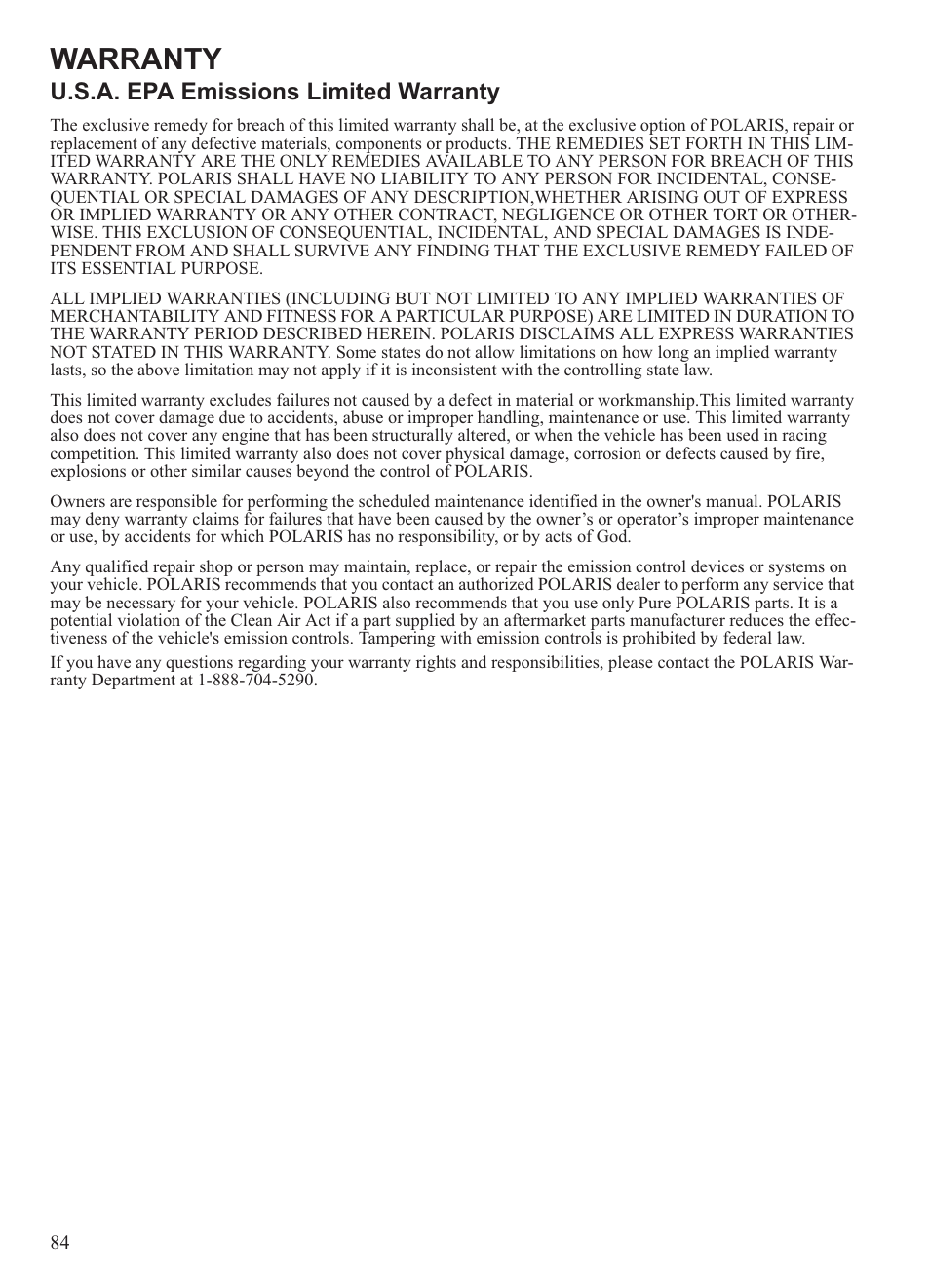 Warranty, U.s.a. epa emissions limited warranty | Polaris 2013 Ranger 800 Midsize User Manual | Page 86 / 93