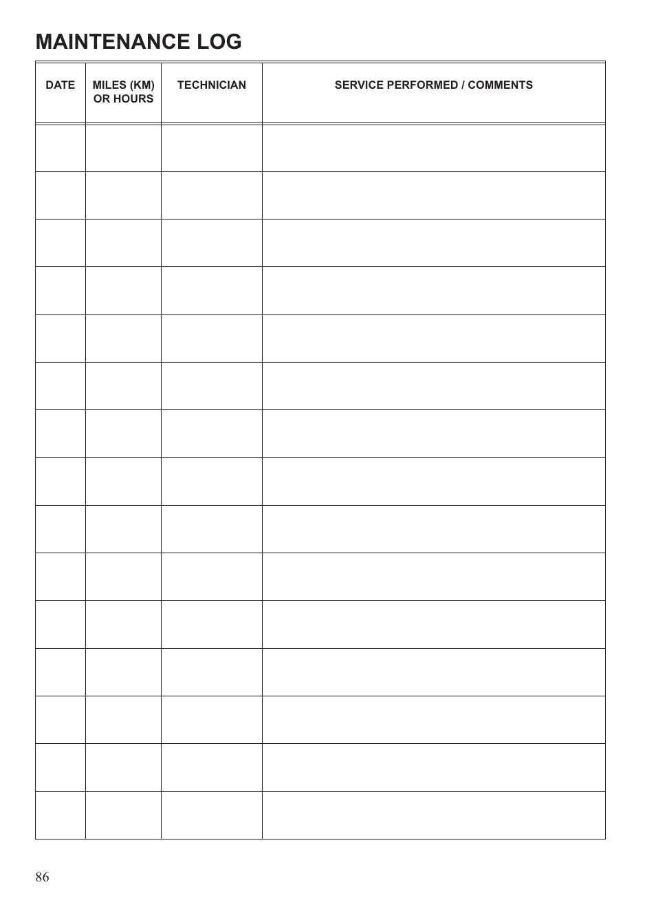 Maintenance log | Polaris 2013 Ranger 800 Midsize User Manual | Page 88 / 93