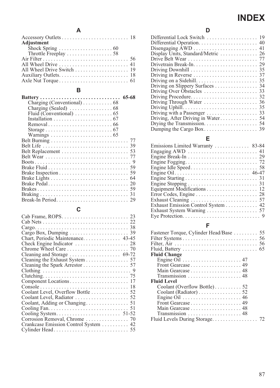 Index | Polaris 2013 Ranger 800 Midsize User Manual | Page 89 / 93