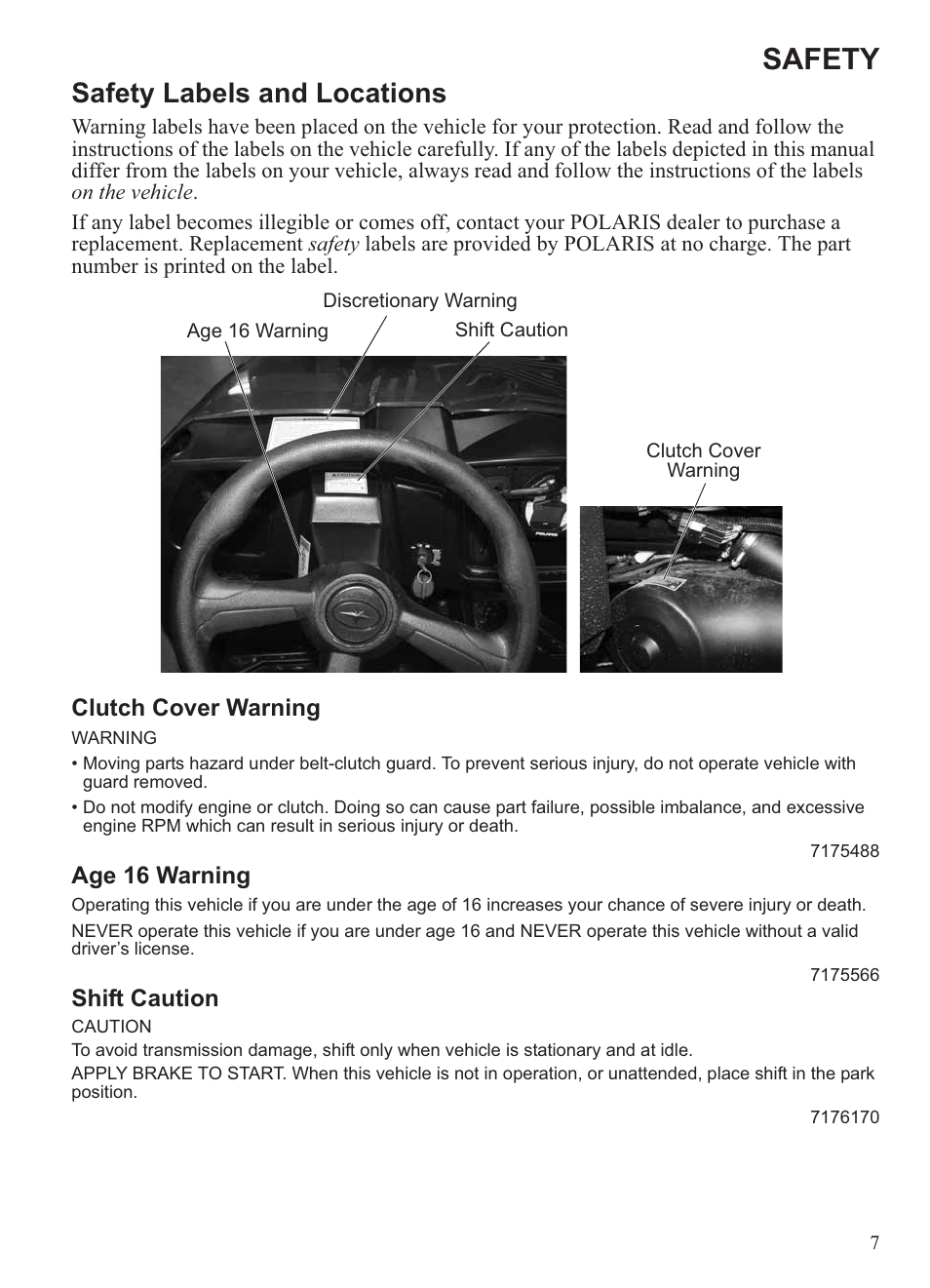 Safety, Safety labels and locations, Clutch cover warning | Age 16 warning, Shift caution | Polaris 2013 Ranger 800 Midsize User Manual | Page 9 / 93