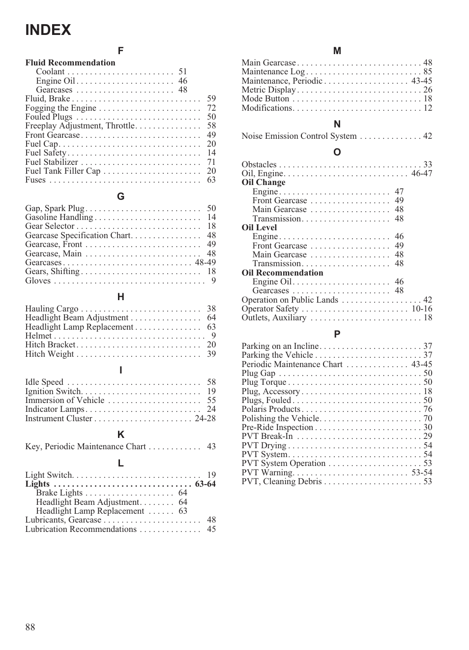 Index | Polaris 2013 Ranger 800 Midsize User Manual | Page 90 / 93