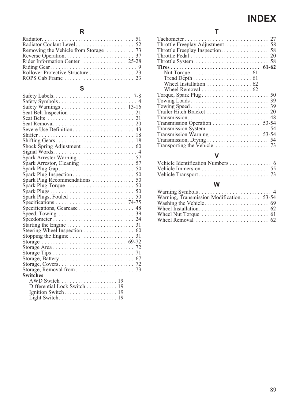 Index | Polaris 2013 Ranger 800 Midsize User Manual | Page 91 / 93