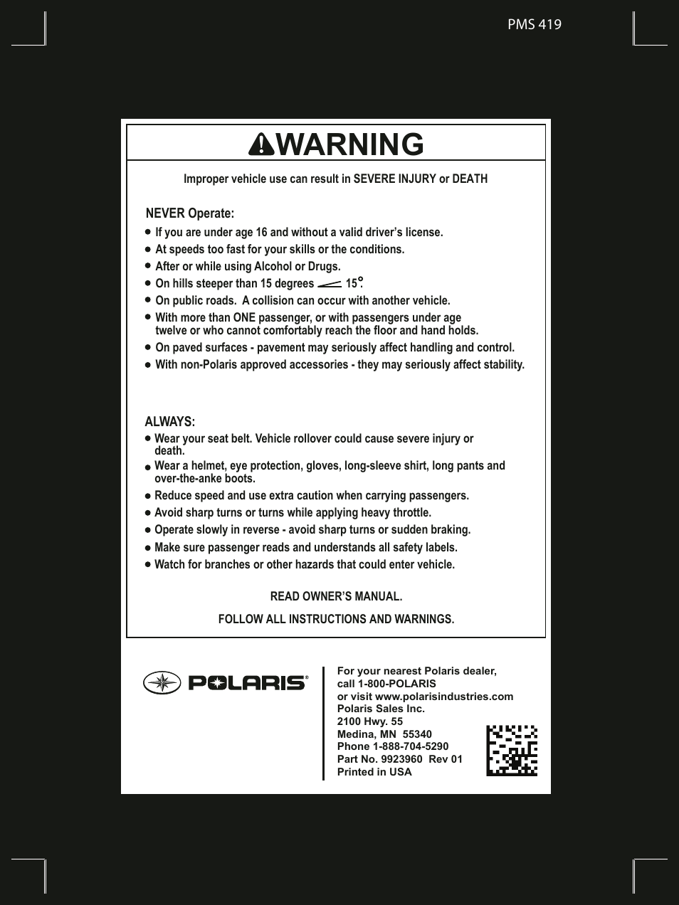 Warning | Polaris 2013 Ranger 800 Midsize User Manual | Page 93 / 93