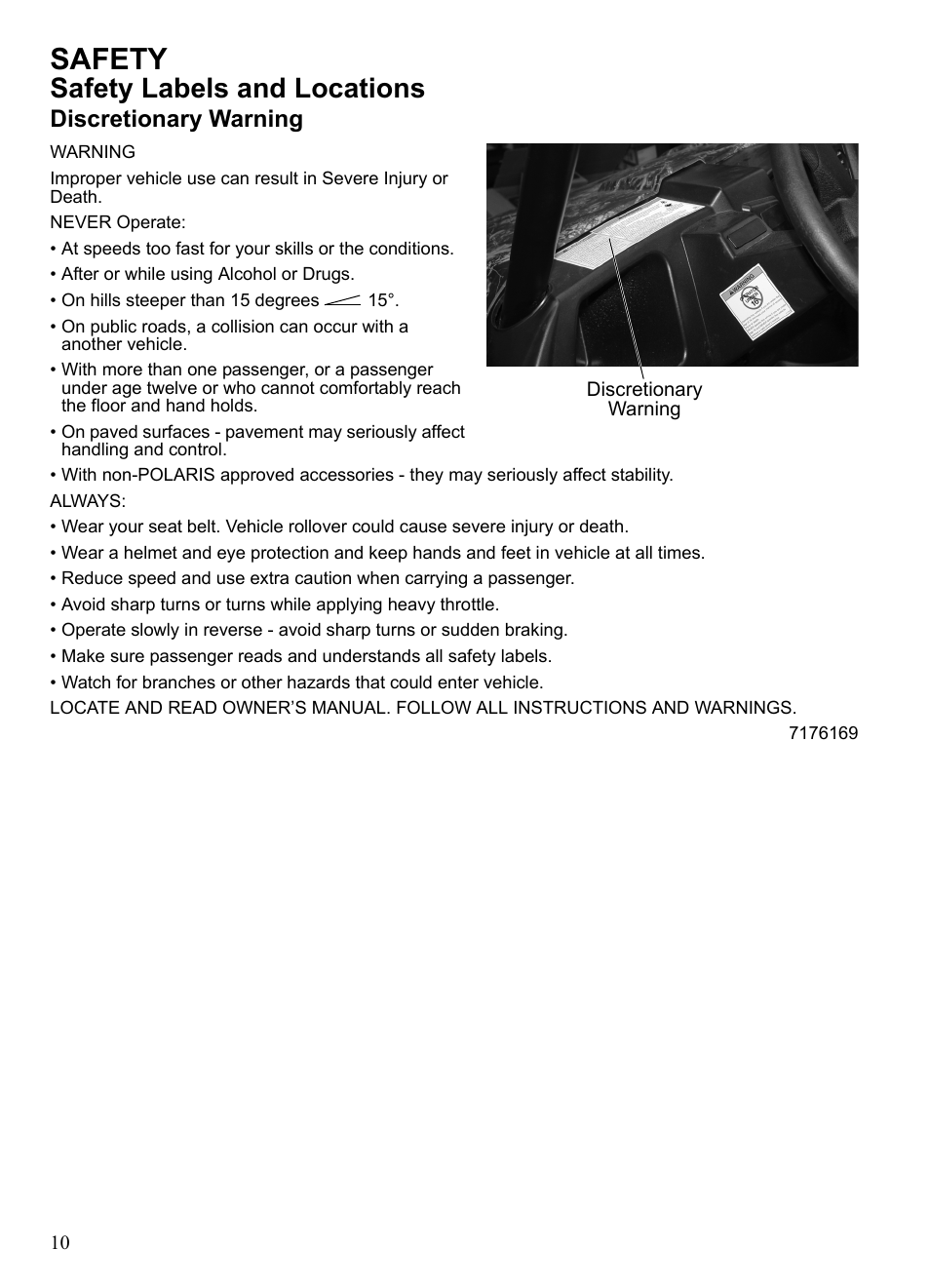 Safety, Safety labels and locations, Discretionary warning | Polaris 2014 Ranger EV User Manual | Page 12 / 82