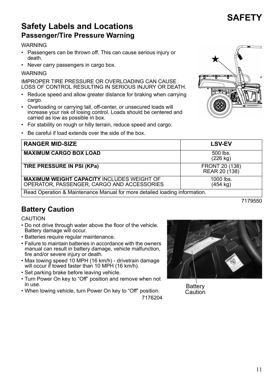 Safety, Safety labels and locations, Passenger/tire pressure warning | Battery caution | Polaris 2014 Ranger EV User Manual | Page 13 / 82