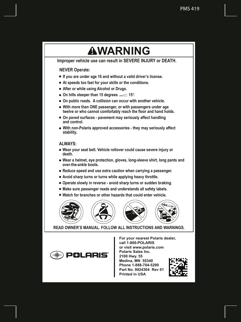 Warning | Polaris 2014 Ranger EV User Manual | Page 82 / 82