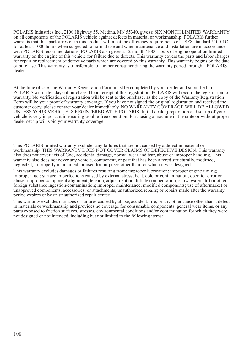 Warranty, Limited warranty, Registration | Warranty coverage and exclusions, Limitations of warranties and remedies | Polaris 2015 Ranger Diesel / Crew Diesel User Manual | Page 110 / 121