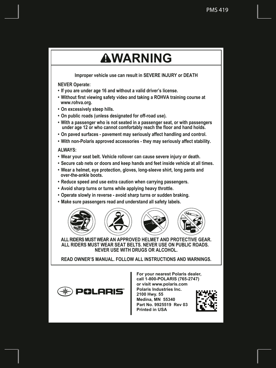 Warning | Polaris 2015 Ranger Diesel / Crew Diesel User Manual | Page 121 / 121