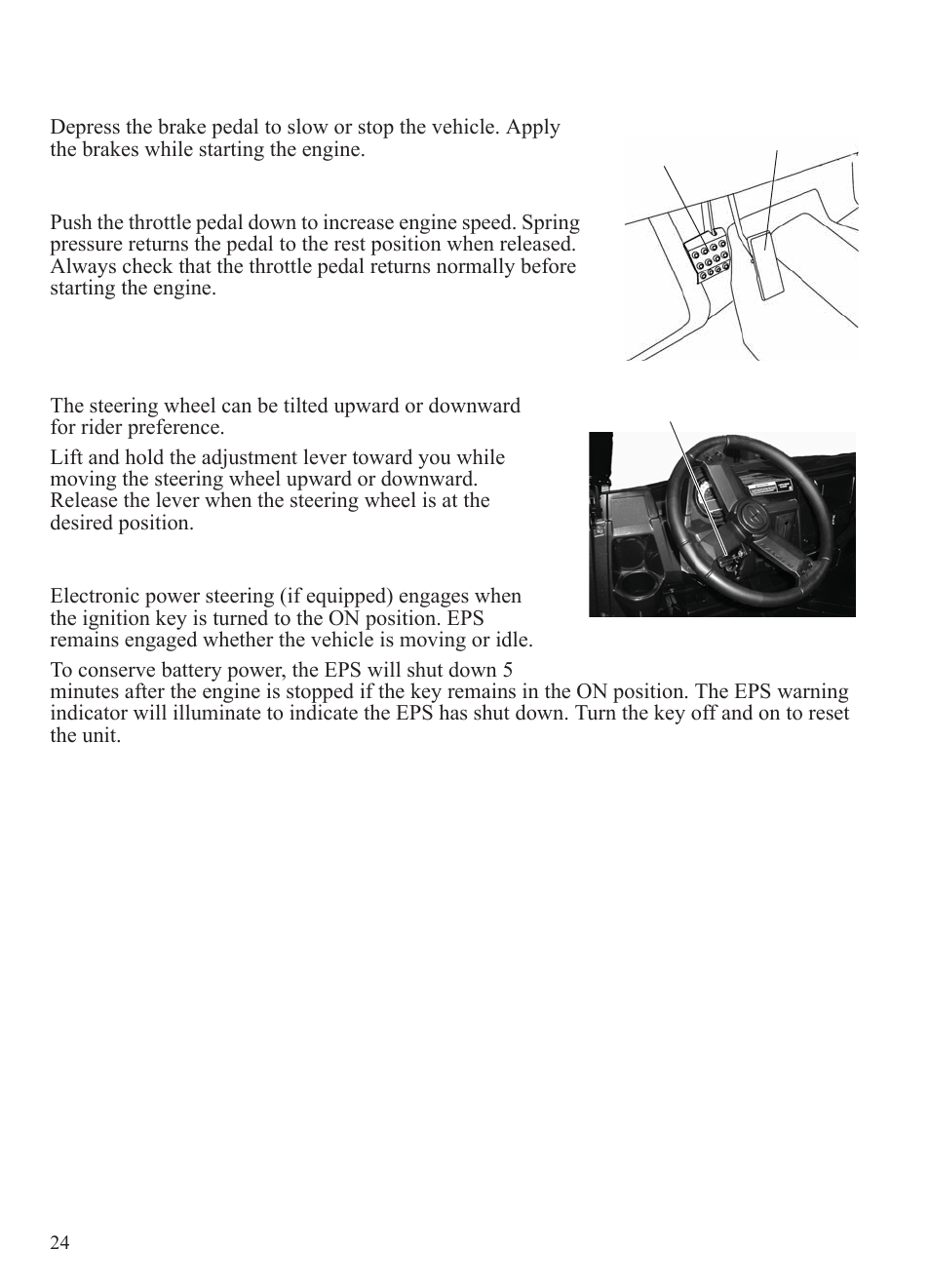 Features and controls, Brake pedal, Throttle pedal | Adjustable steering wheel, Electronic power steering (eps) | Polaris 2015 Ranger Diesel / Crew Diesel User Manual | Page 26 / 121