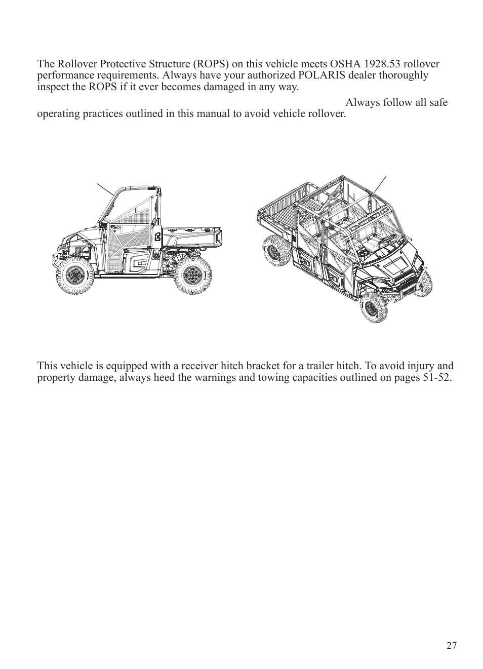 Features and controls, Rollover protective structure (rops), Trailer hitch bracket | Polaris 2015 Ranger Diesel / Crew Diesel User Manual | Page 29 / 121