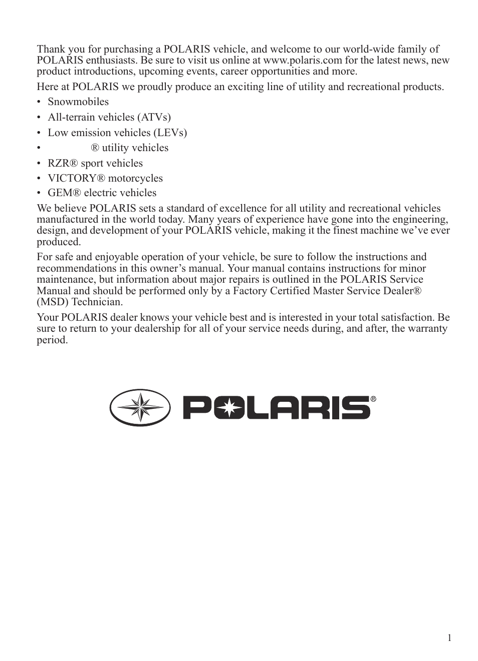 Welcome | Polaris 2015 Ranger Diesel / Crew Diesel User Manual | Page 3 / 121