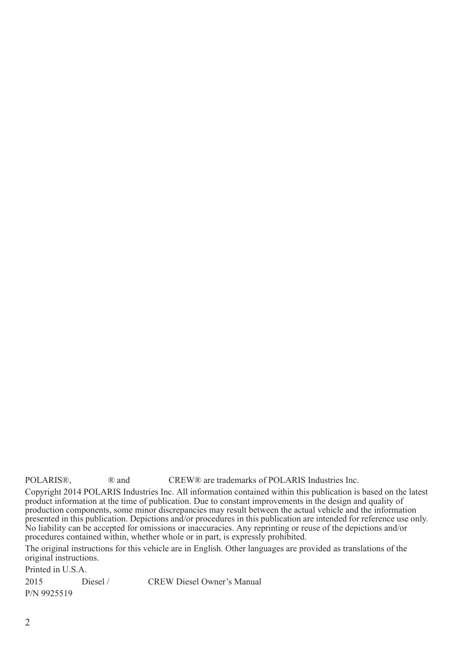 Polaris 2015 Ranger Diesel / Crew Diesel User Manual | Page 4 / 121